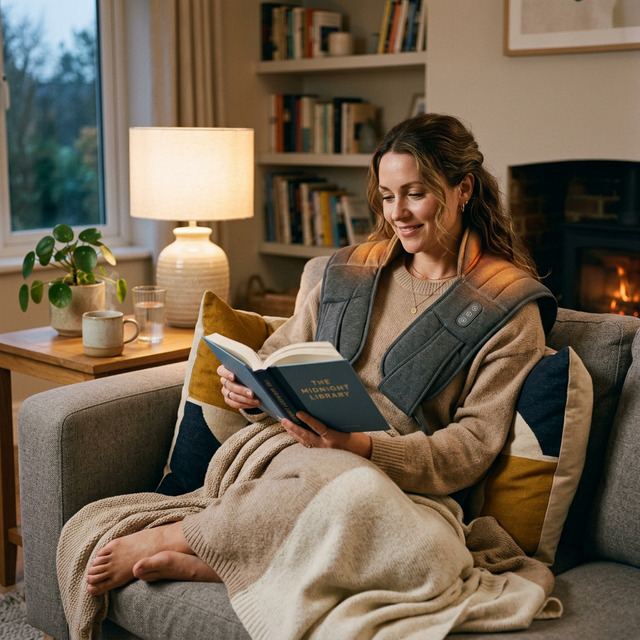 Woman relaxing on couch wearing Physia heated shoulder wrap while reading