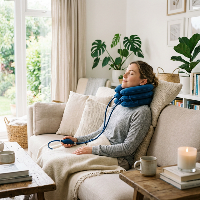 Person using Physia cervical traction device while relaxing on sofa