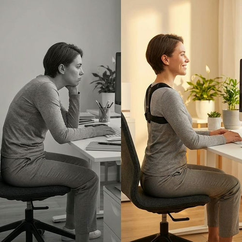 Before and after posture comparison — hunched vs upright with Posture Pulse