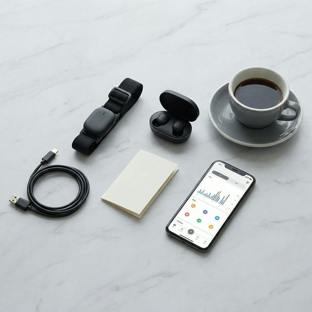 Flat-lay of Posture Pulse with charging cable, earbuds, coffee, and phone on marble