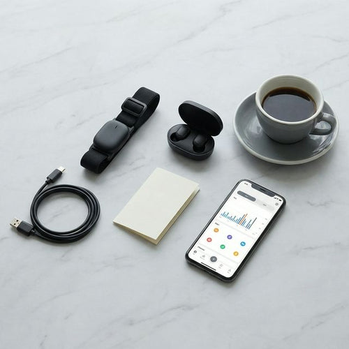 Flat-lay of Posture Pulse with charging cable, earbuds, coffee, and phone on marble