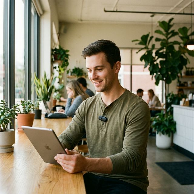 Young professional with Posture Pulse at coffee shop showing confident posture