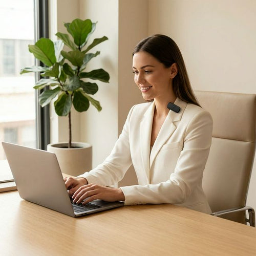 Professional woman with perfect posture wearing Posture Pulse at modern desk