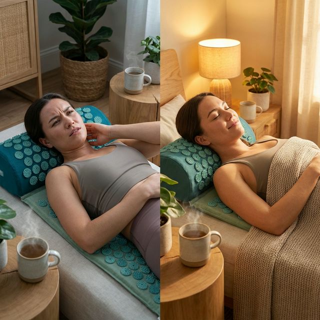 Before and after using acupressure mat — from tension to deep relaxation