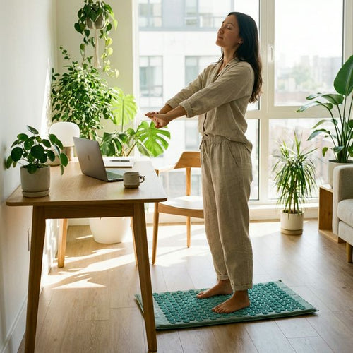 Woman standing on acupressure mat during home office work break