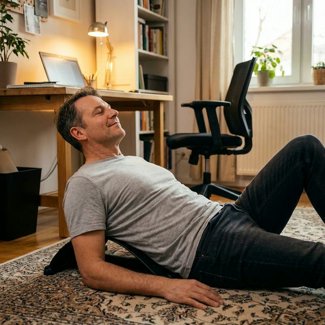 Man using back stretcher next to home office desk for end-of-day relief